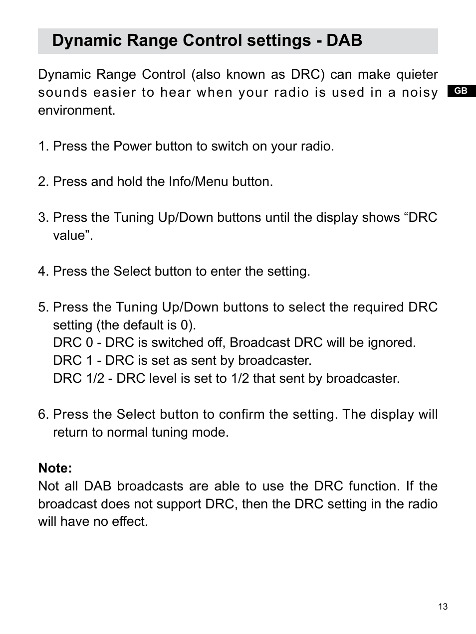 Dynamic range control settings - dab | Sangean H203D (V1) User Manual | Page 14 / 26