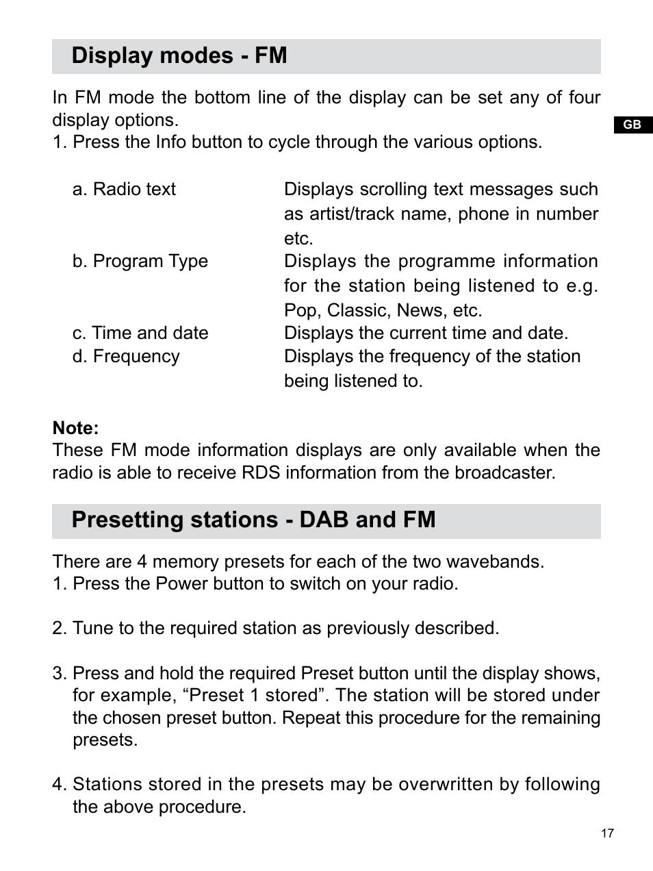 Display modes - fm, Presetting stations - dab and fm | Sangean H203D (V1) User Manual | Page 18 / 26