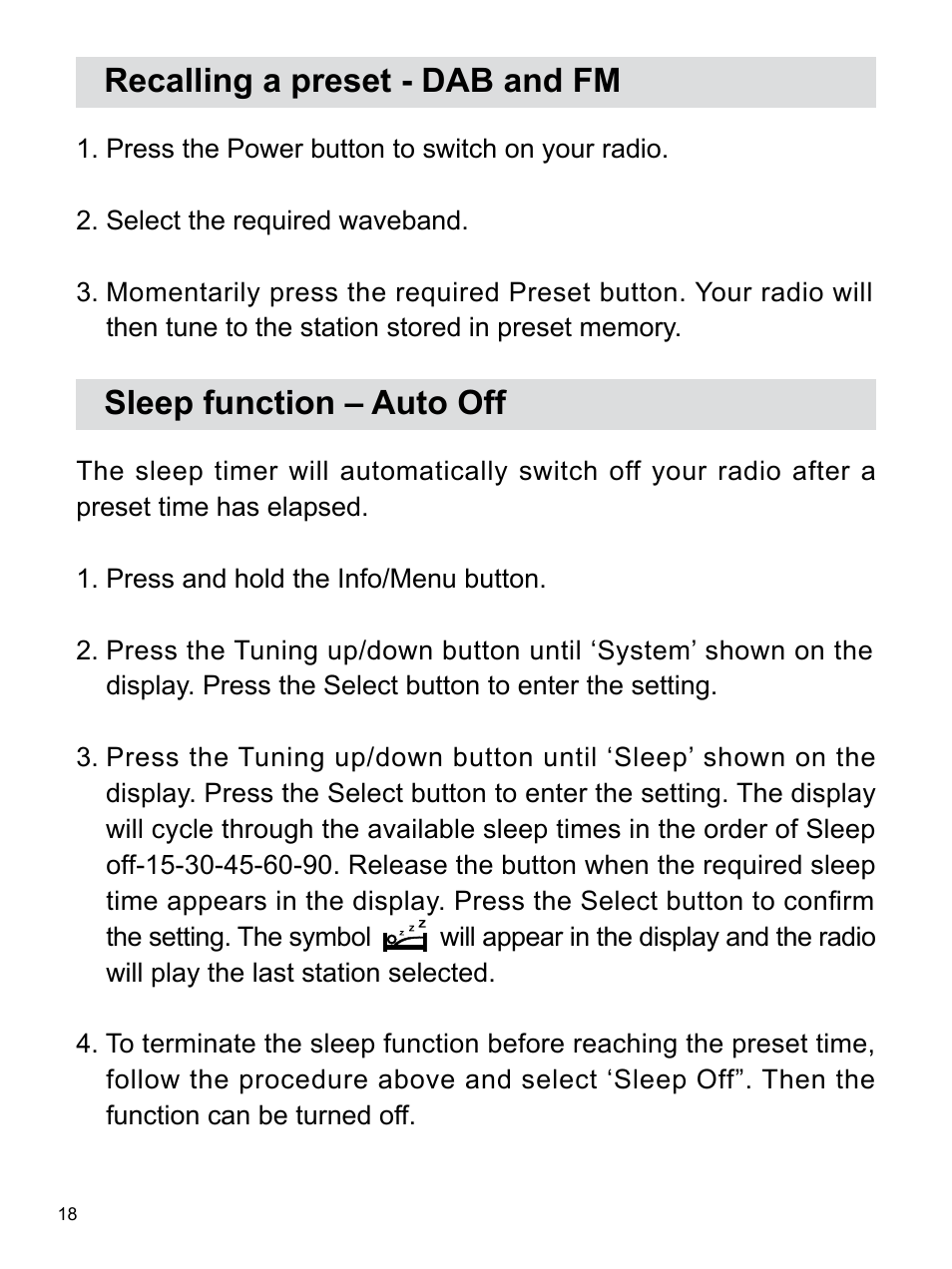 Recalling a preset - dab and fm, Sleep function – auto off | Sangean H203D (V1) User Manual | Page 19 / 26