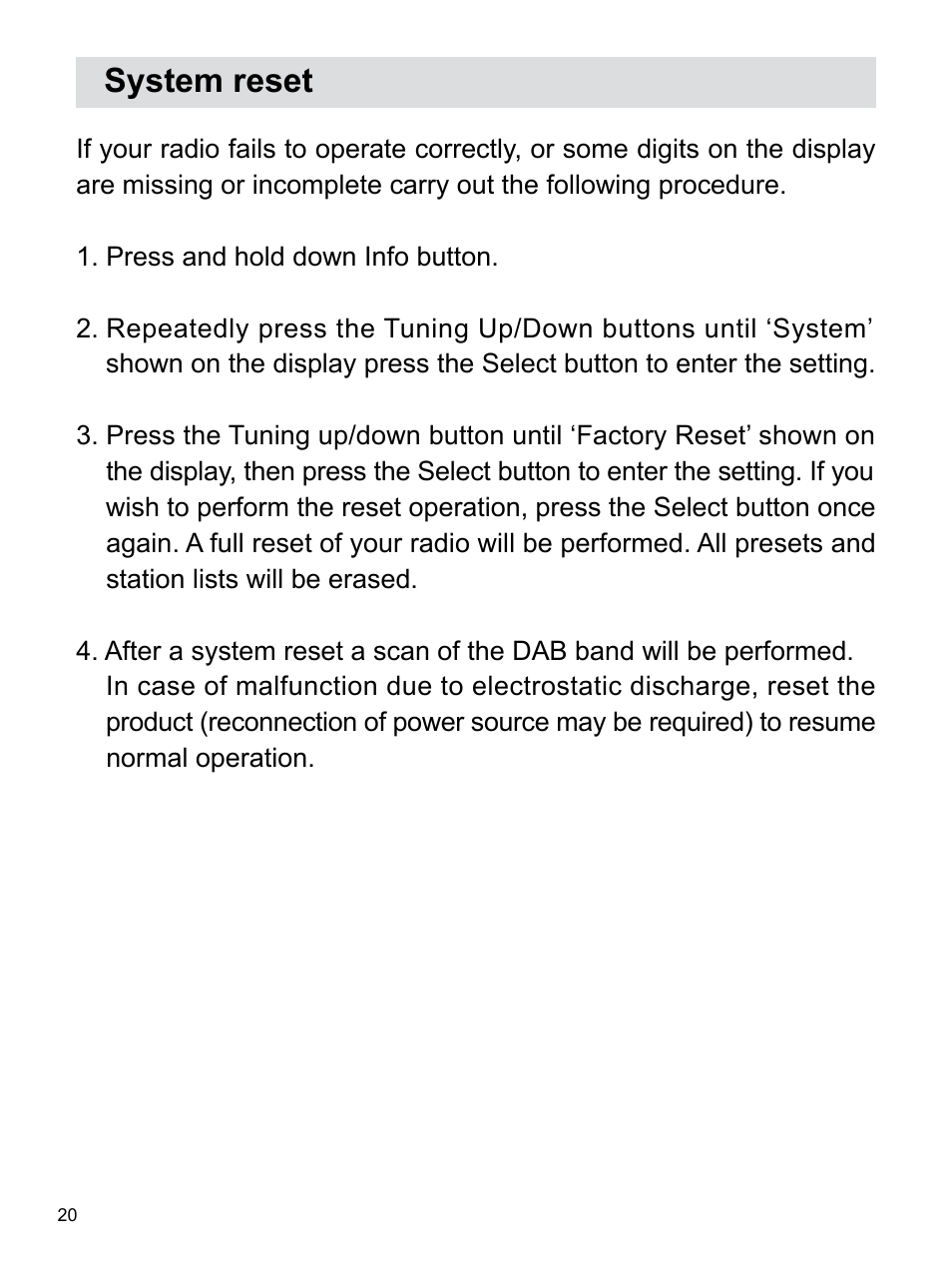 System reset | Sangean H203D (V1) User Manual | Page 21 / 26