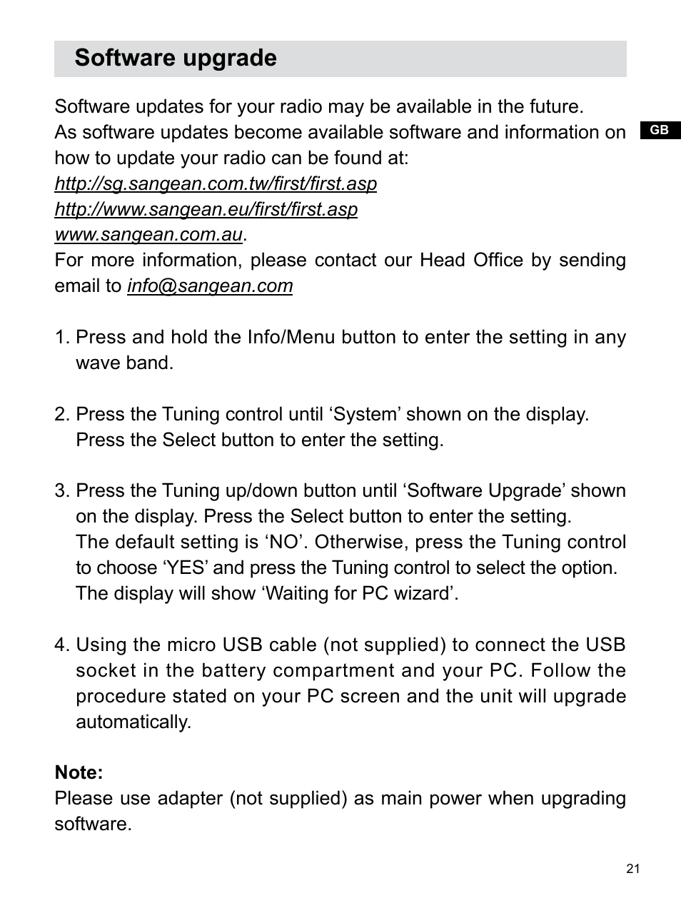 Software upgrade | Sangean H203D (V1) User Manual | Page 22 / 26