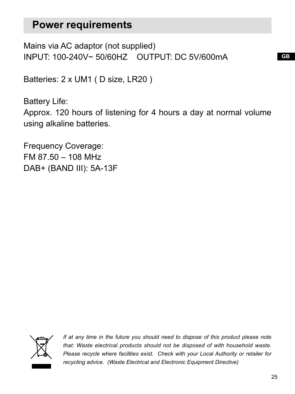 Power requirements | Sangean H203D (V1) User Manual | Page 26 / 26