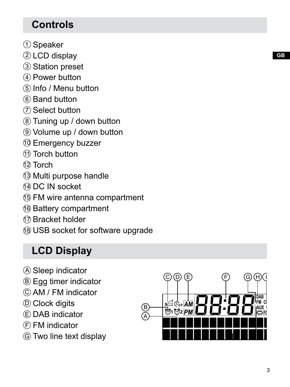 Controls, Lcd display | Sangean H203D (V1) User Manual | Page 4 / 26