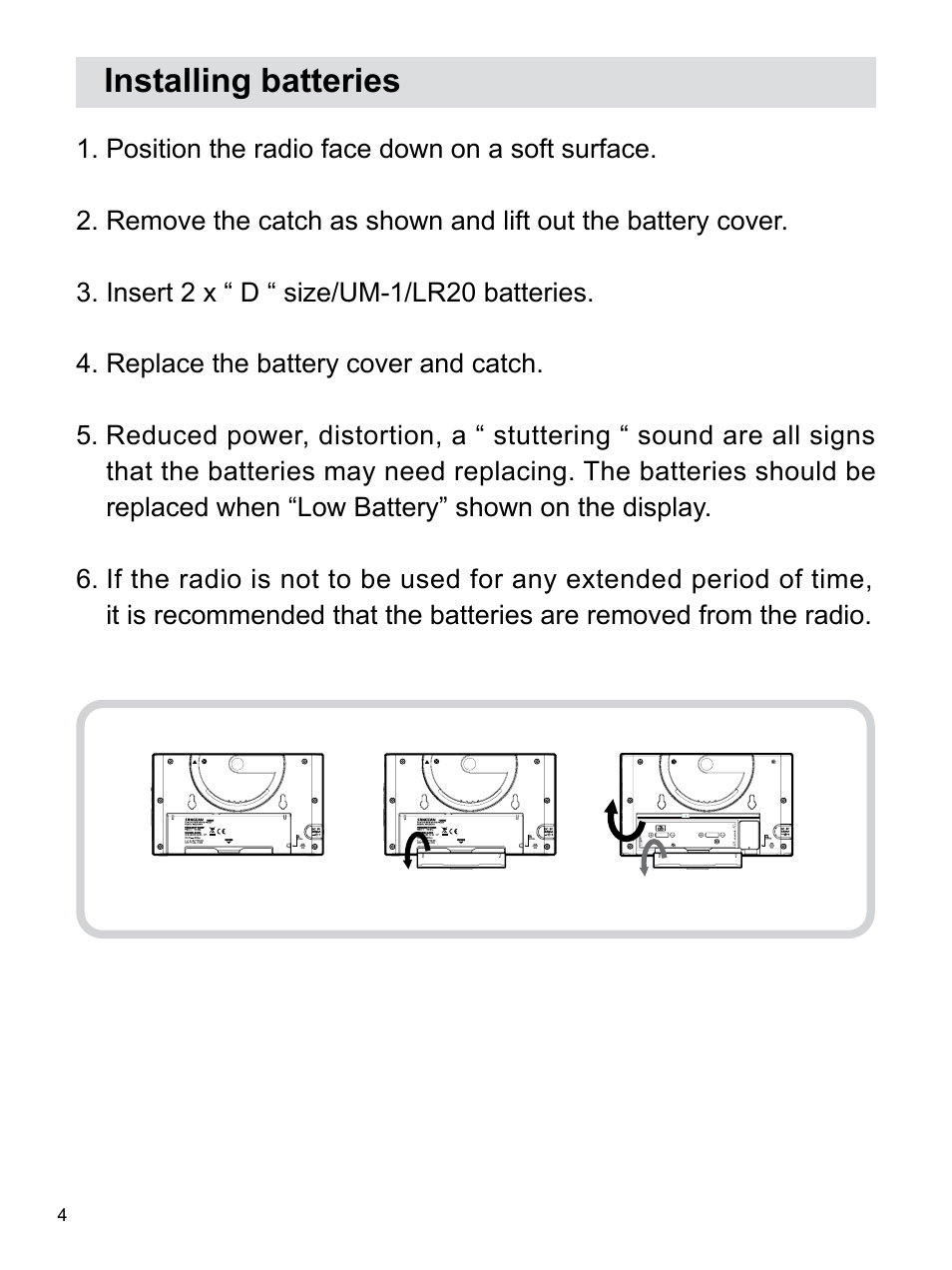 Installing batteries | Sangean H203D (V1) User Manual | Page 5 / 26
