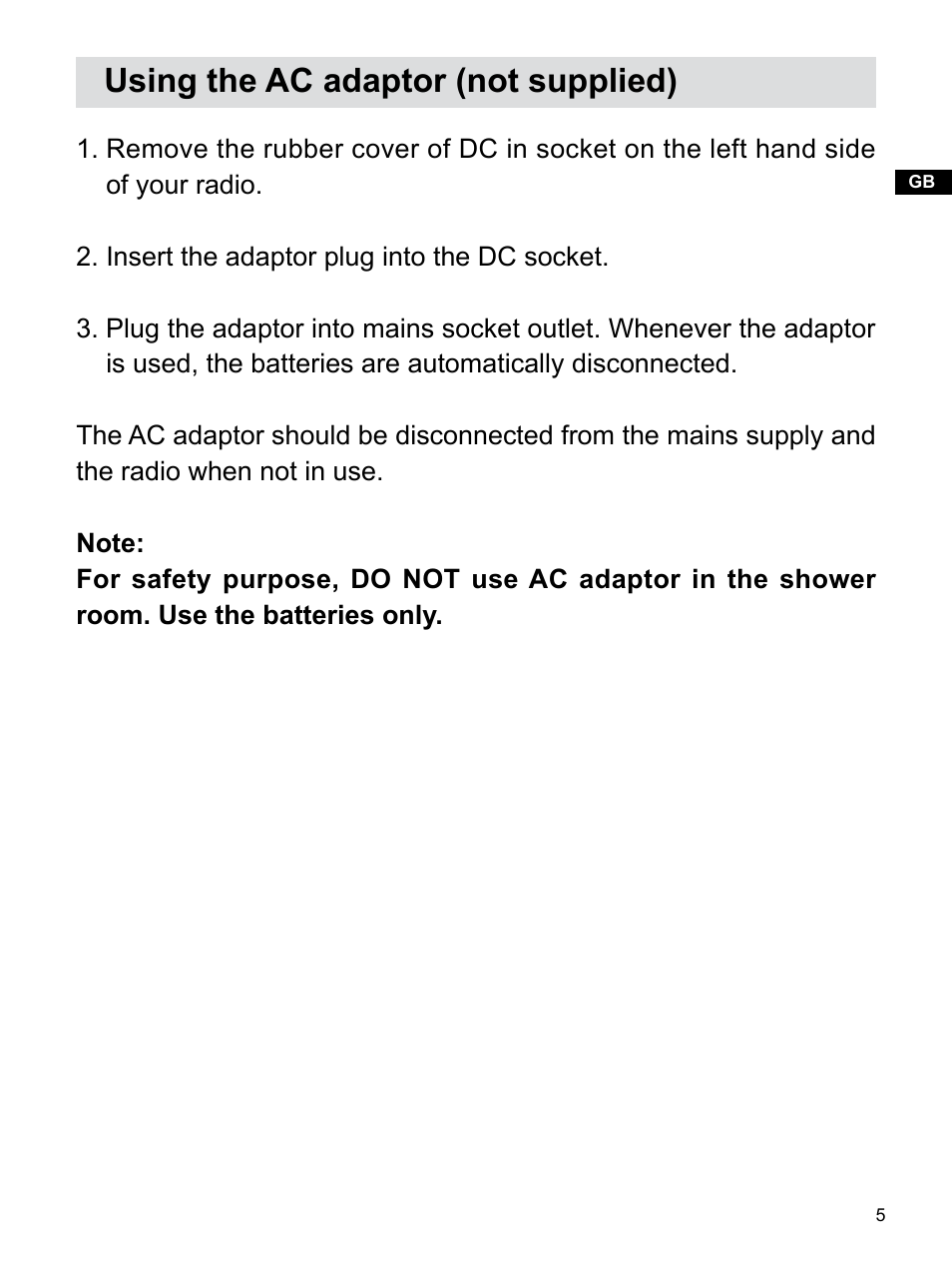 Using the ac adaptor (not supplied) | Sangean H203D (V1) User Manual | Page 6 / 26