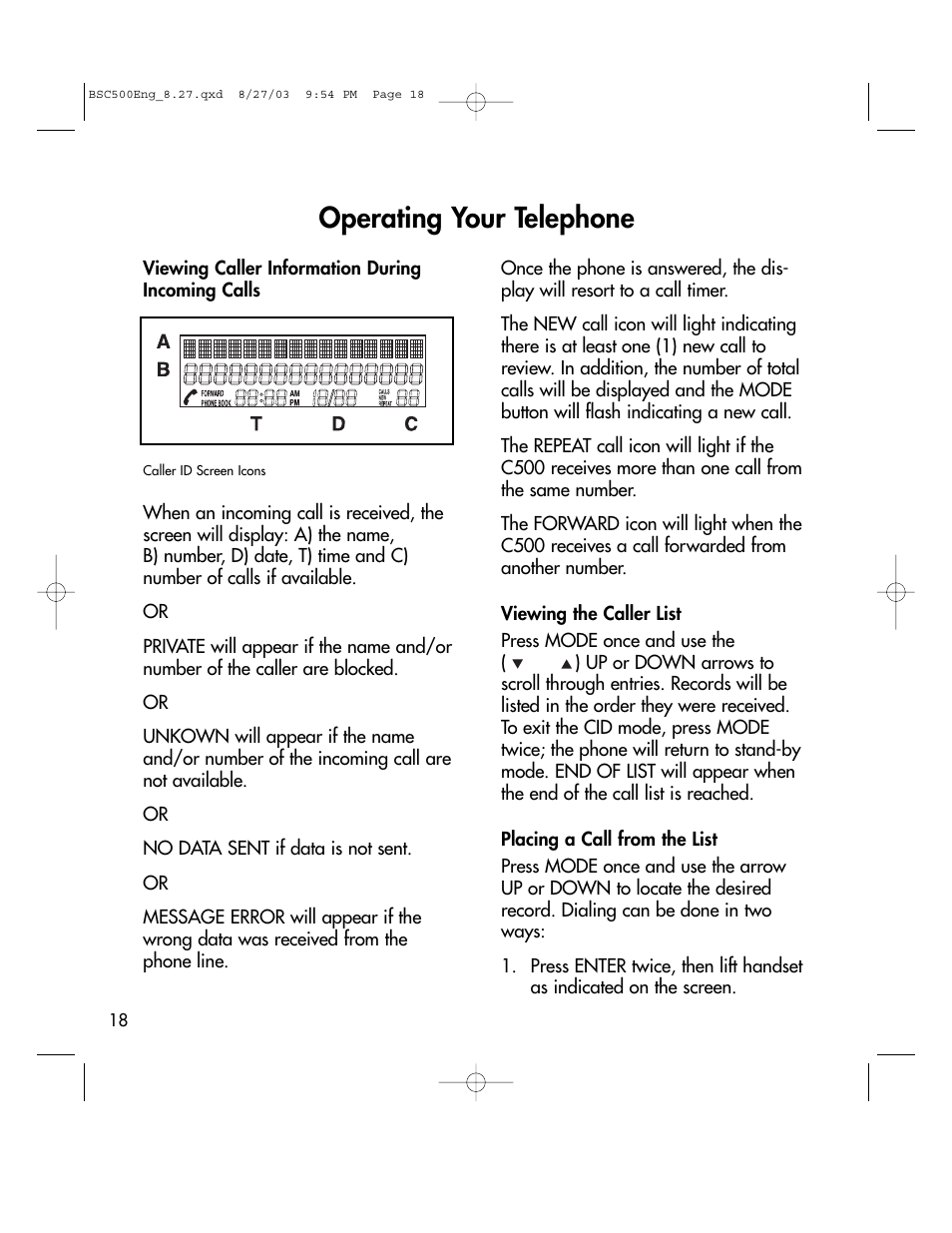 Operating your telephone | BellSouth C500 User Manual | Page 18 / 32