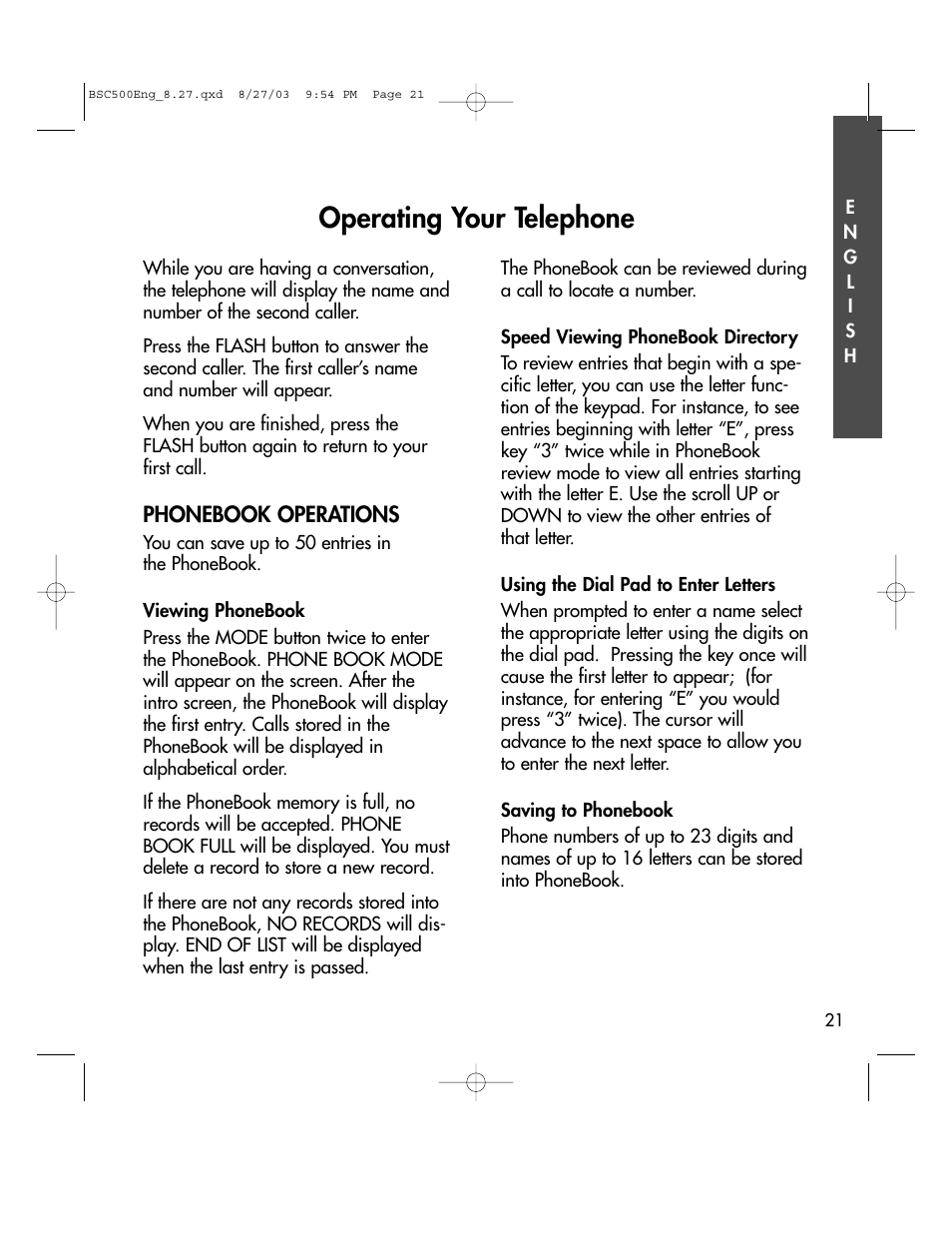 Operating your telephone | BellSouth C500 User Manual | Page 21 / 32