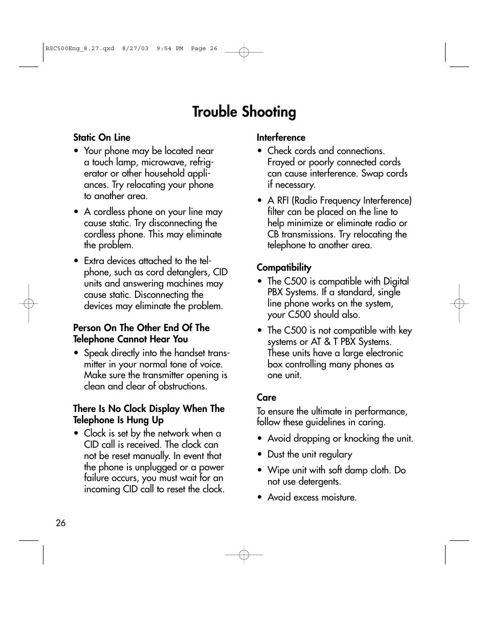 Trouble shooting | BellSouth C500 User Manual | Page 26 / 32