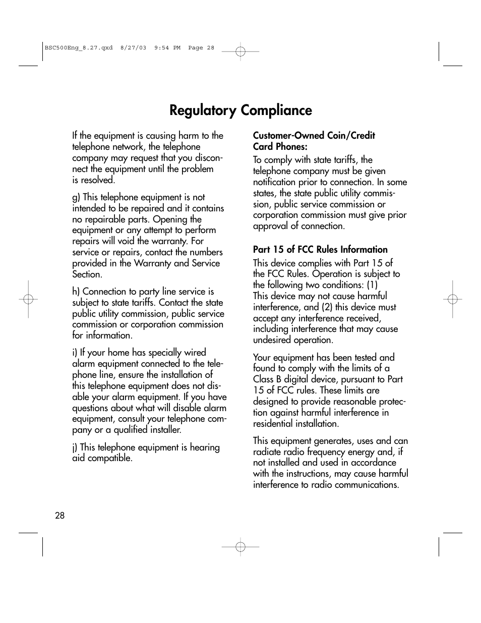 Regulatory compliance | BellSouth C500 User Manual | Page 28 / 32