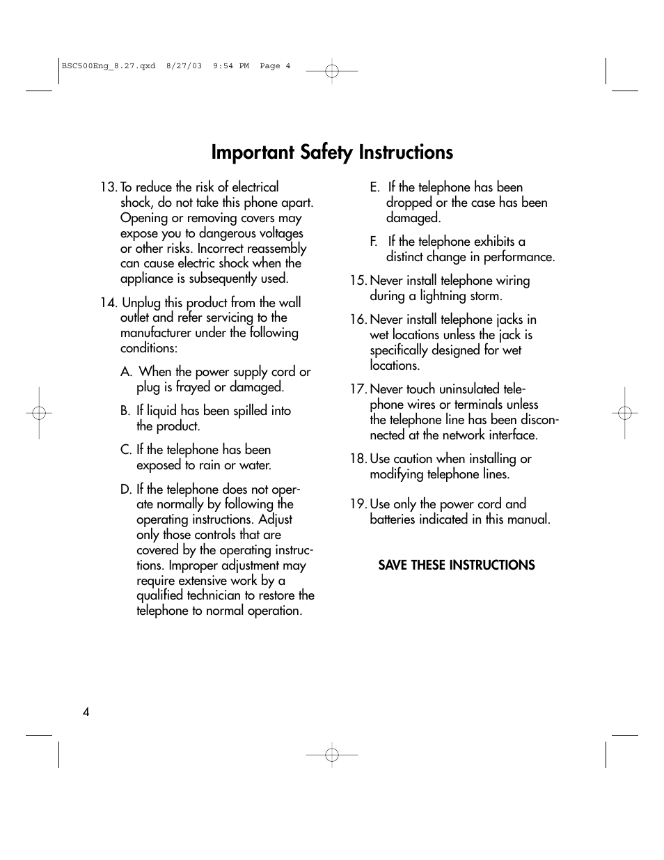 Important safety instructions | BellSouth C500 User Manual | Page 4 / 32