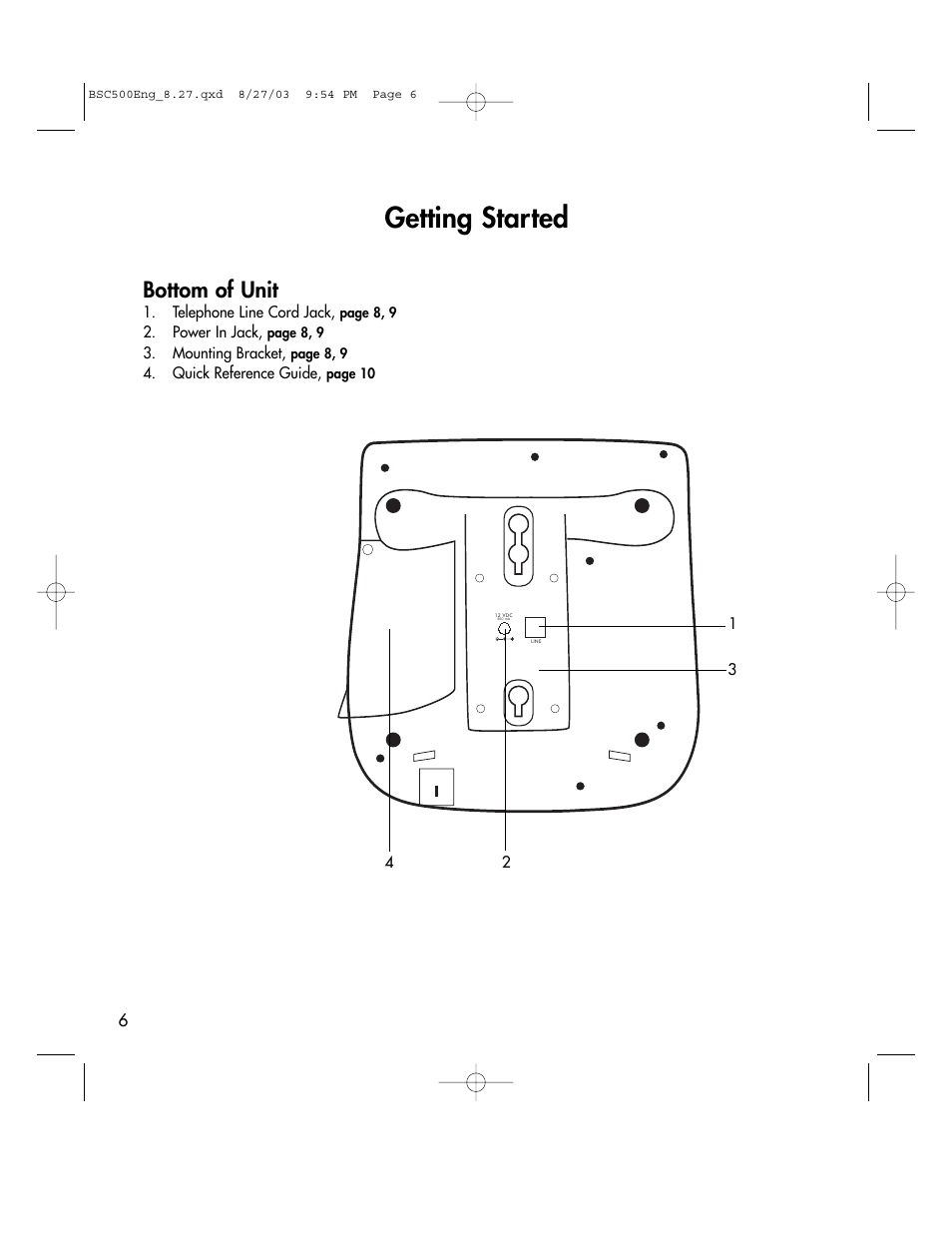 Getting started, Bottom of unit | BellSouth C500 User Manual | Page 6 / 32