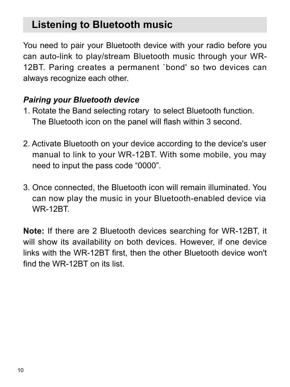 Listening to bluetooth music | Sangean WR-12BT (R1) User Manual | Page 11 / 14