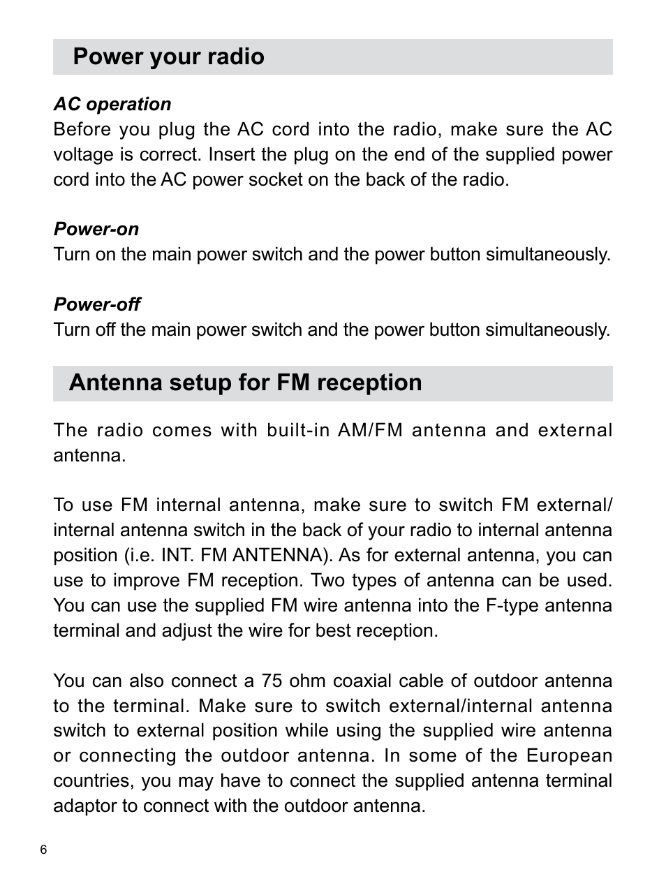 Power your radio, Antenna setup for fm reception | Sangean WR-12BT (R1) User Manual | Page 7 / 14