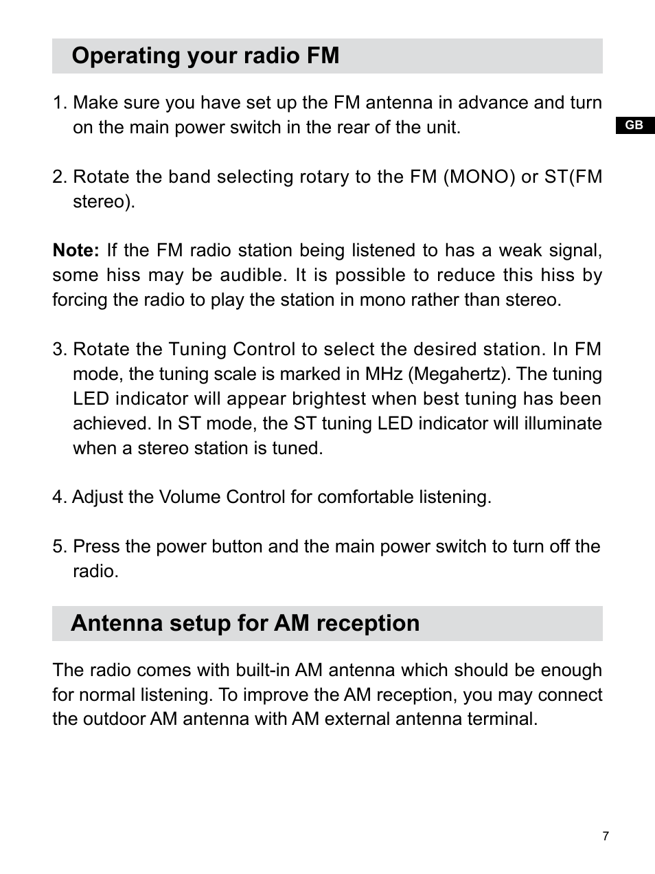 Operating your radio fm, Antenna setup for am reception | Sangean WR-12BT (R1) User Manual | Page 8 / 14