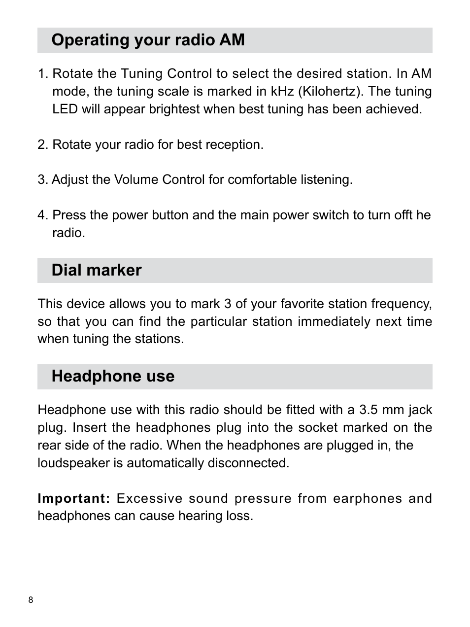 Operating your radio am, Dial marker, Headphone use | Sangean WR-12BT (R1) User Manual | Page 9 / 14