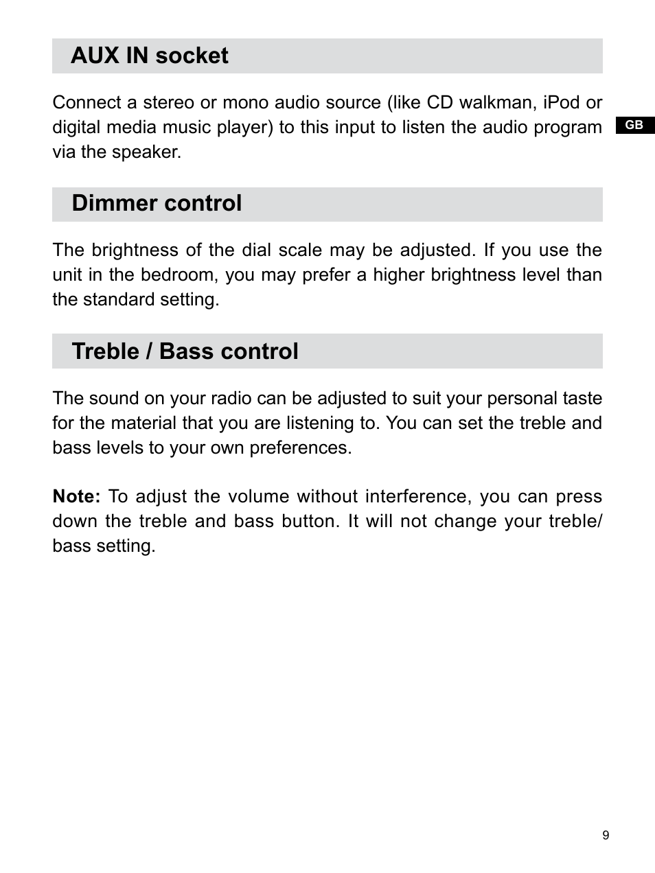 Aux in socket, Dimmer control, Treble / bass control | Sangean WR-12BT (V1) User Manual | Page 10 / 14