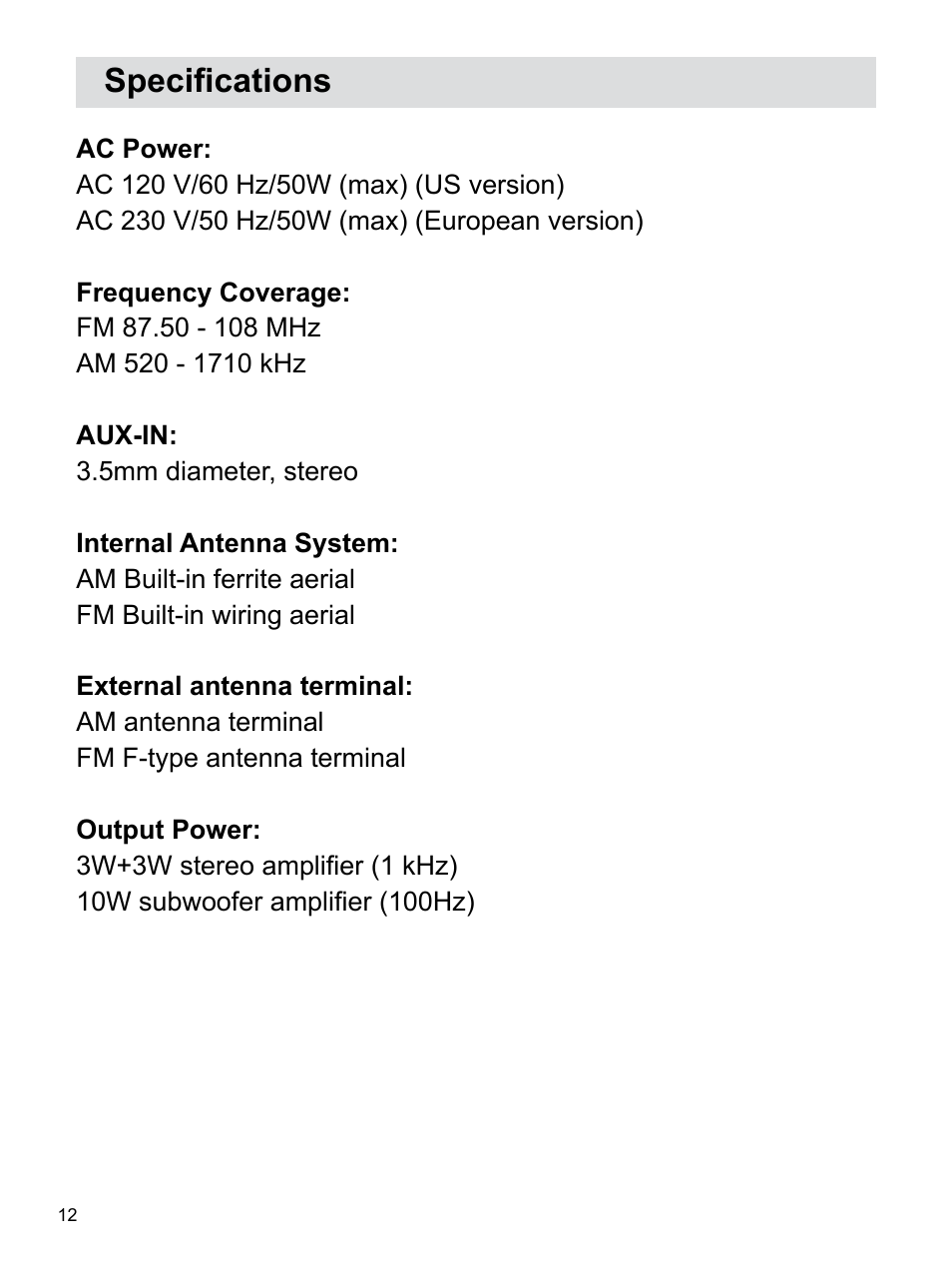 Specifications | Sangean WR-12BT (V1) User Manual | Page 13 / 14