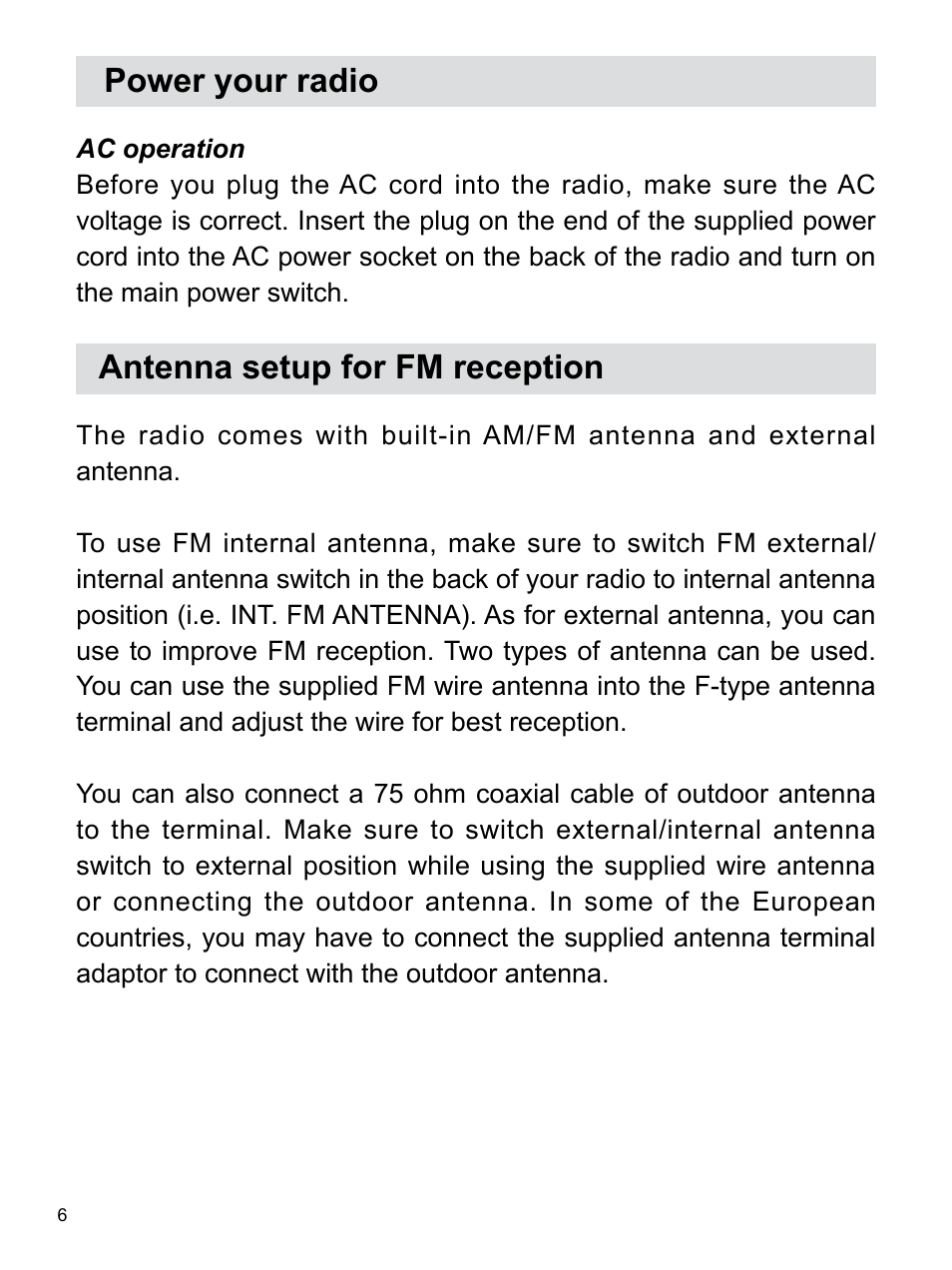Power your radio, Antenna setup for fm reception | Sangean WR-12BT (V1) User Manual | Page 7 / 14