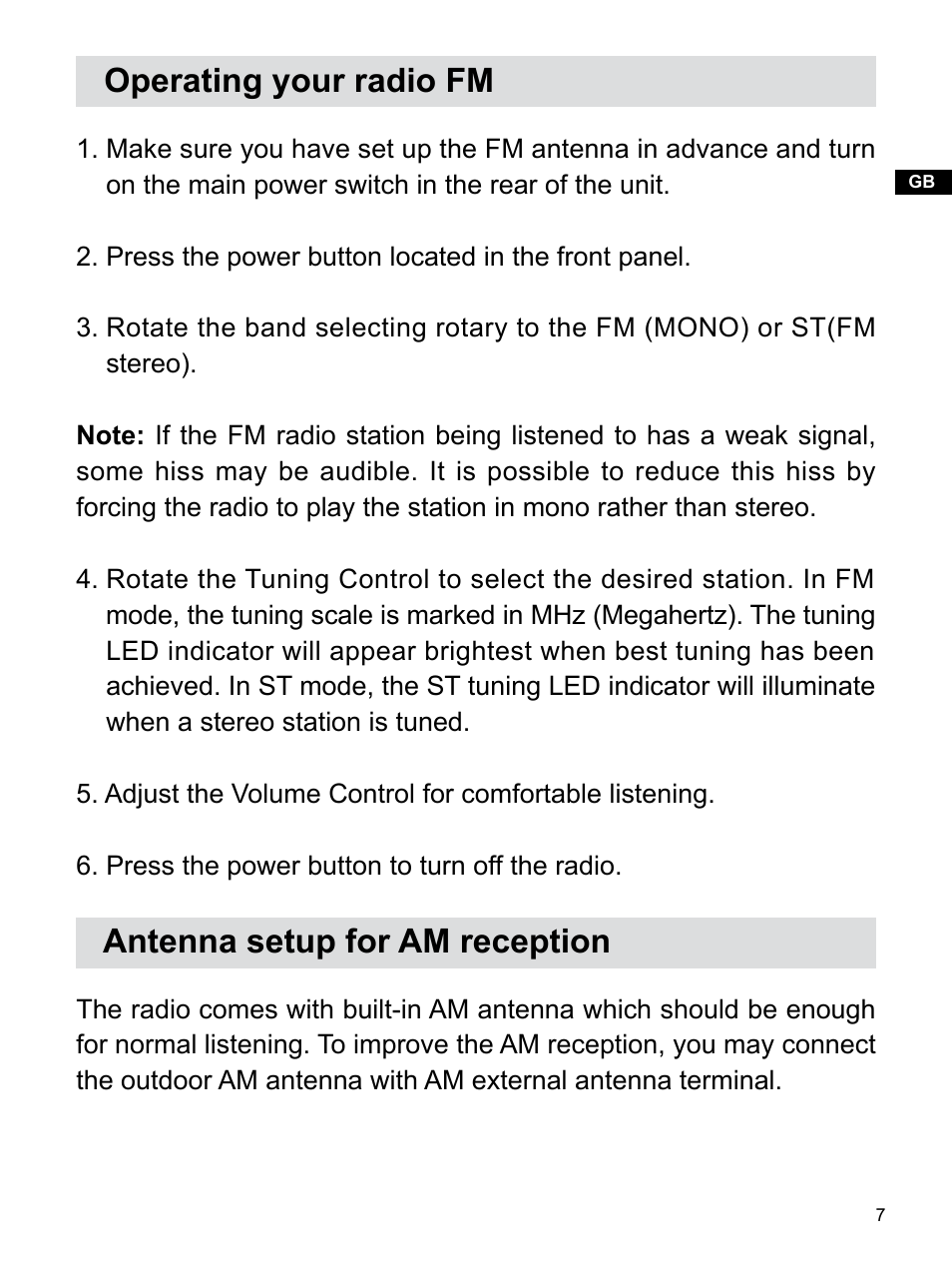 Operating your radio fm, Antenna setup for am reception | Sangean WR-12BT (V1) User Manual | Page 8 / 14