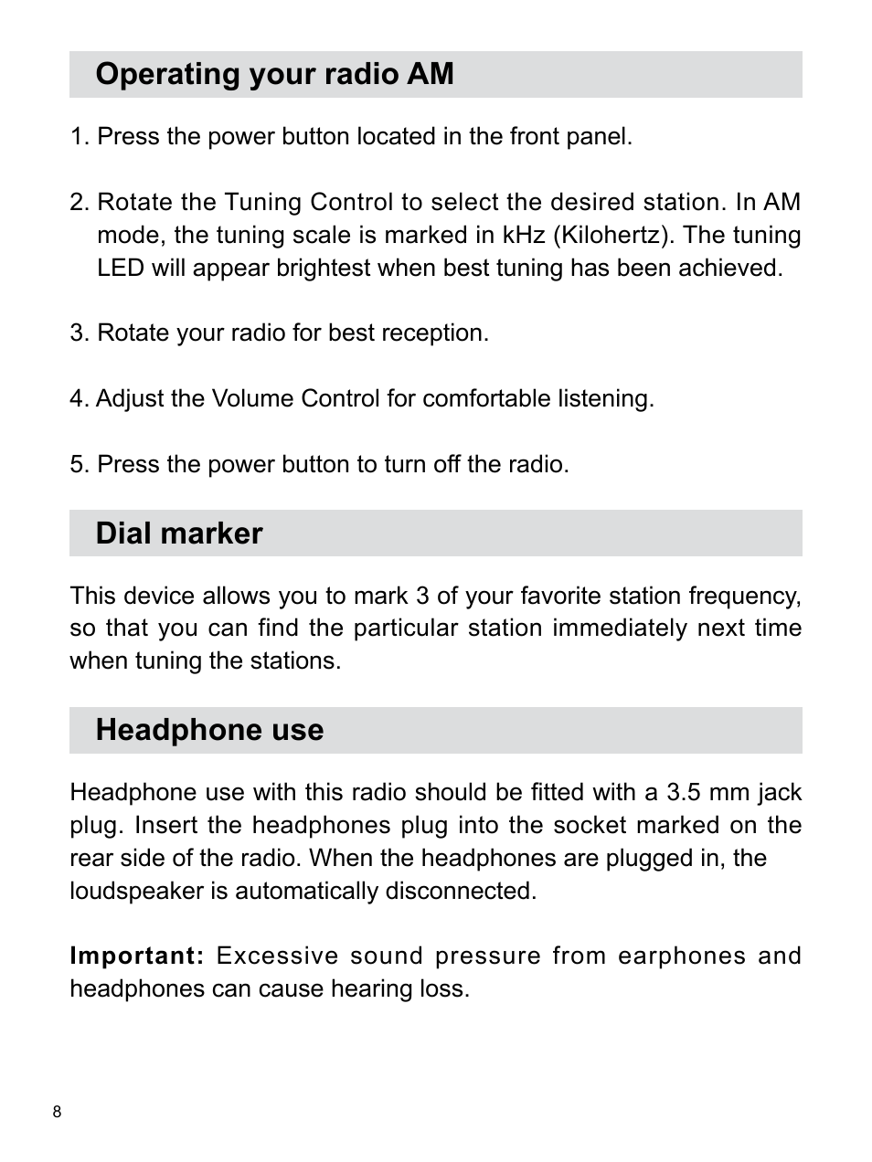 Operating your radio am, Dial marker, Headphone use | Sangean WR-12BT (V1) User Manual | Page 9 / 14