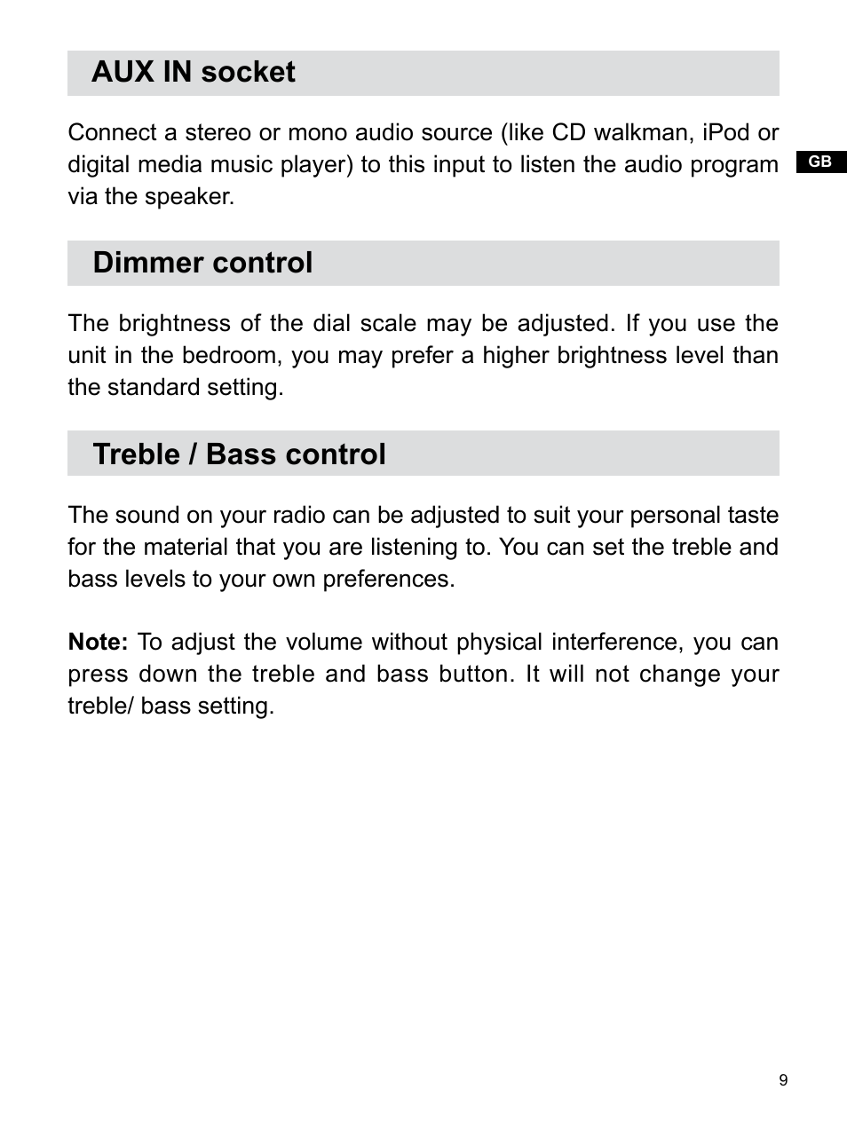 Aux in socket, Dimmer control, Treble / bass control | Sangean WR-12 (R2) User Manual | Page 10 / 12