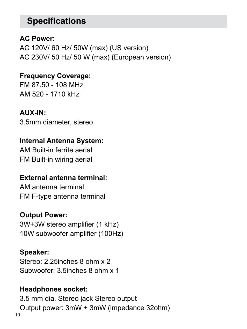 Specifications | Sangean WR-12 (R2) User Manual | Page 11 / 12