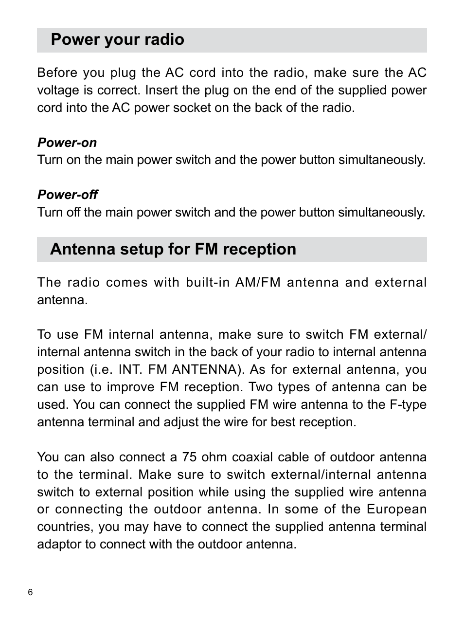 Power your radio, Antenna setup for fm reception | Sangean WR-12 (R2) User Manual | Page 7 / 12