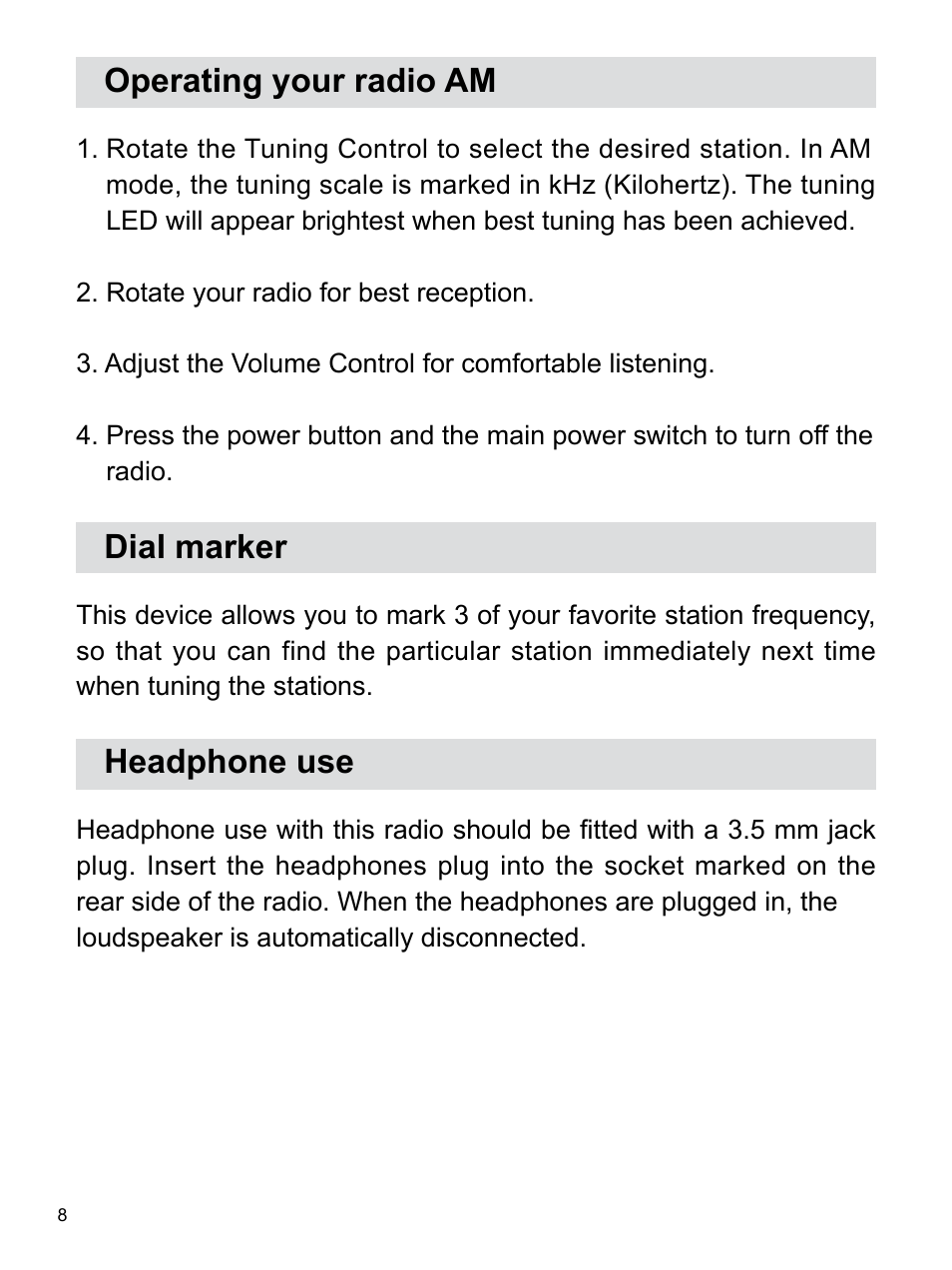 Operating your radio am, Dial marker, Headphone use | Sangean WR-12 (R2) User Manual | Page 9 / 12