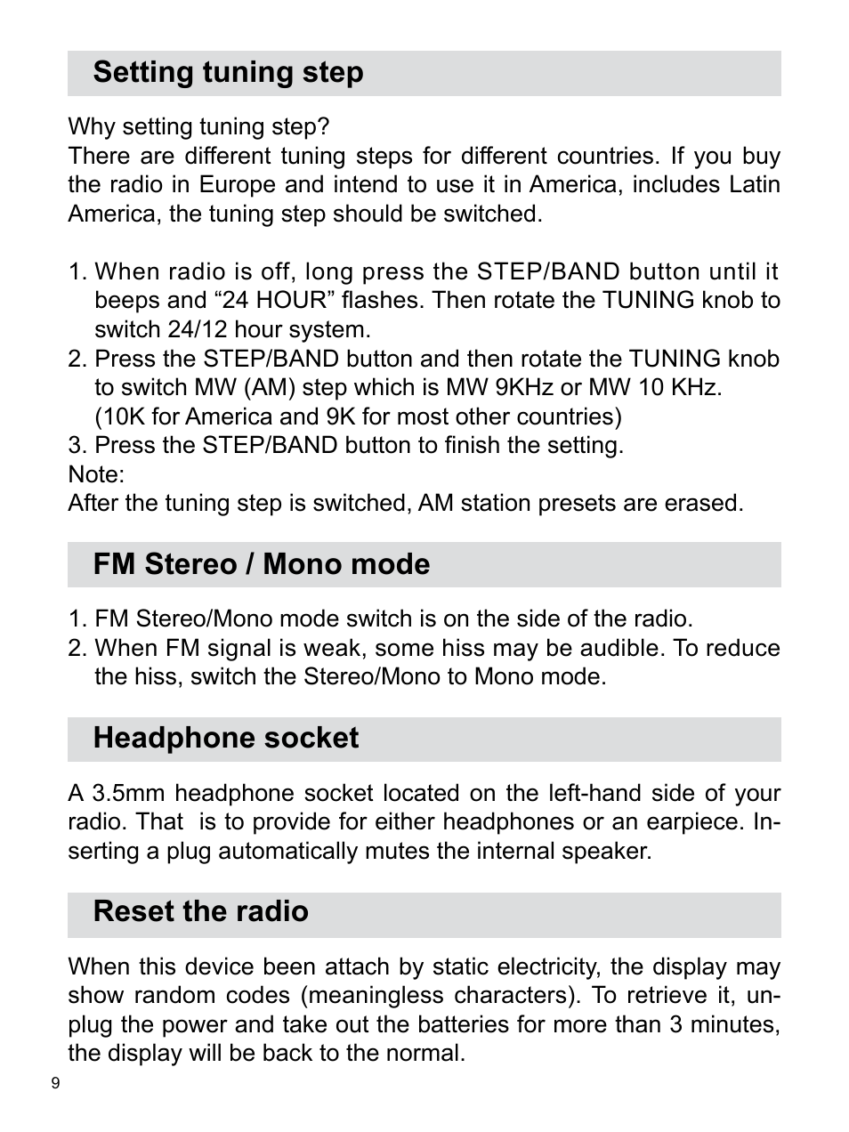 Setting tuning step, Fm stereo / mono mode, Headphone socket | Reset the radio | Sangean Package PR-D5 (V1) User Manual | Page 10 / 11