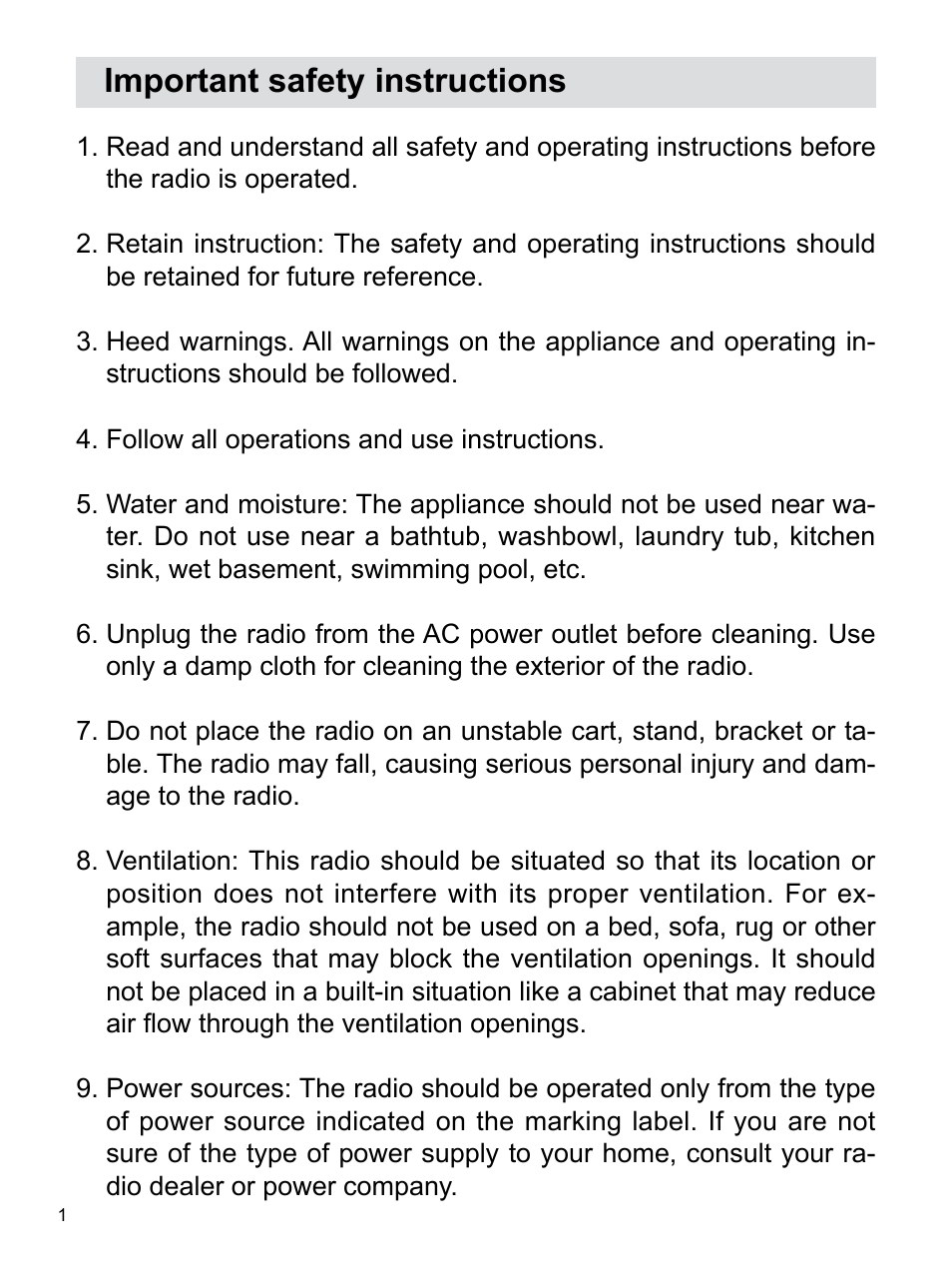 Important safety instructions | Sangean Package PR-D5 (V1) User Manual | Page 2 / 11