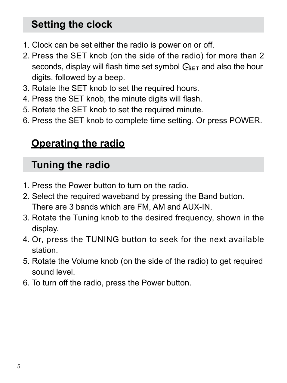 Setting the clock, Operating the radio tuning the radio | Sangean Package PR-D5 (V1) User Manual | Page 6 / 11
