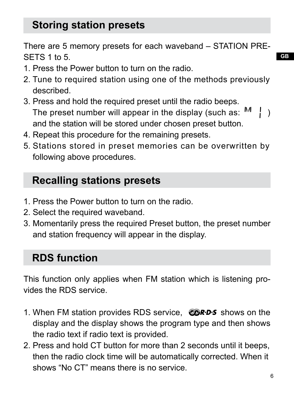 Storing station presets, Recalling stations presets, Rds function | Sangean Package PR-D5 (V1) User Manual | Page 7 / 11