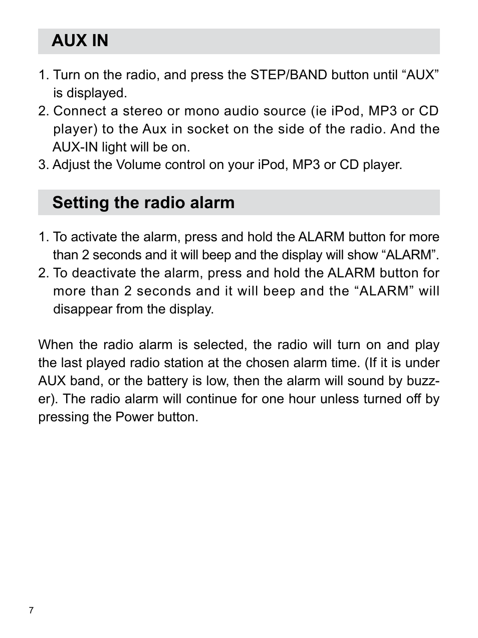 Aux in, Setting the radio alarm | Sangean Package PR-D5 (V1) User Manual | Page 8 / 11