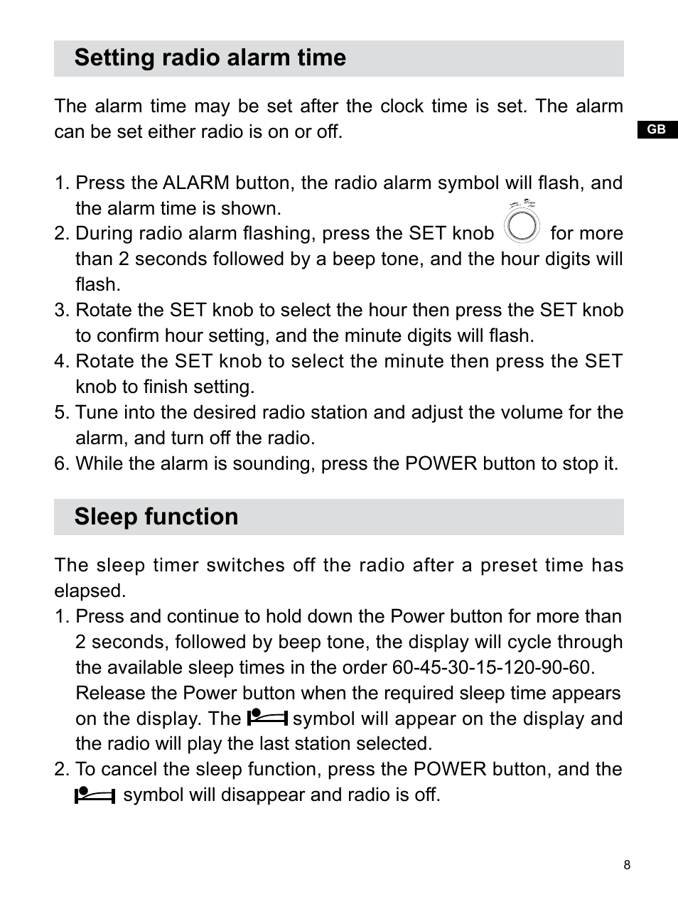 Setting radio alarm time, Sleep function | Sangean Package PR-D5 (V1) User Manual | Page 9 / 11