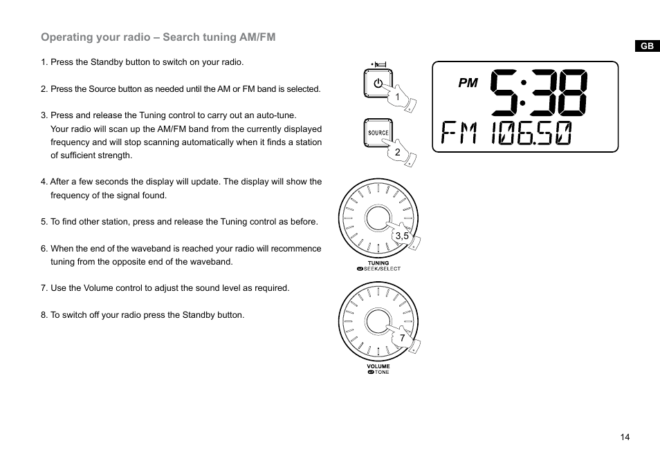 Operating your radio – search tuning am/fm | Sangean RCR-10 (R3) User Manual | Page 15 / 39