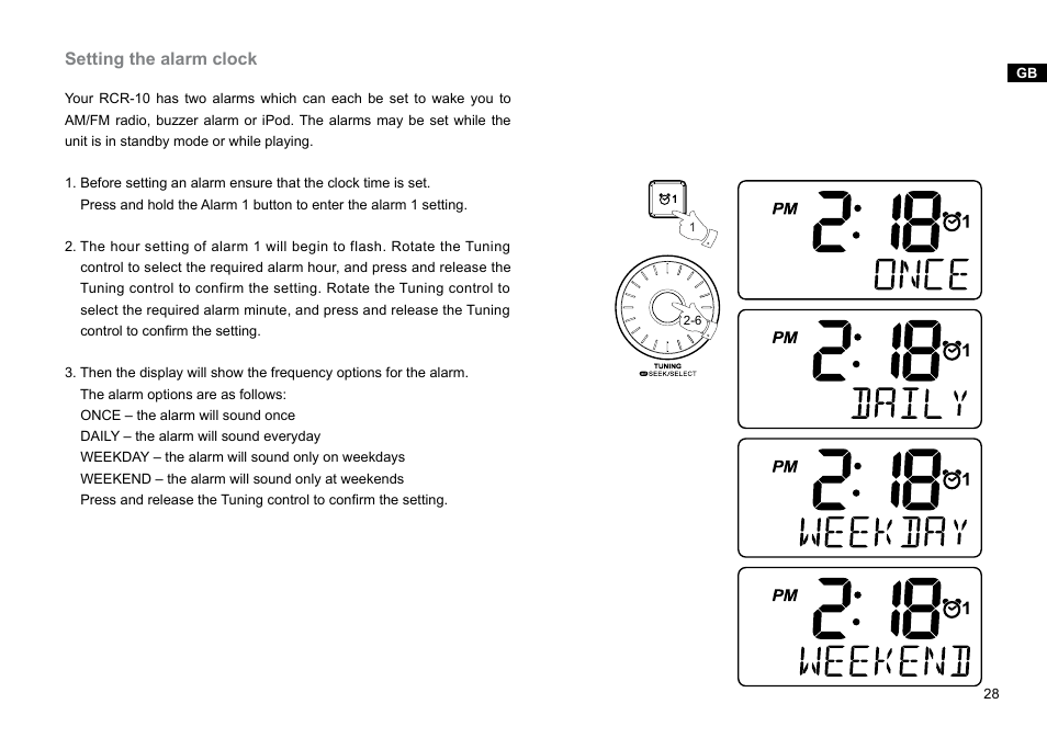 Setting the alarm clock | Sangean RCR-10 (R3) User Manual | Page 29 / 39