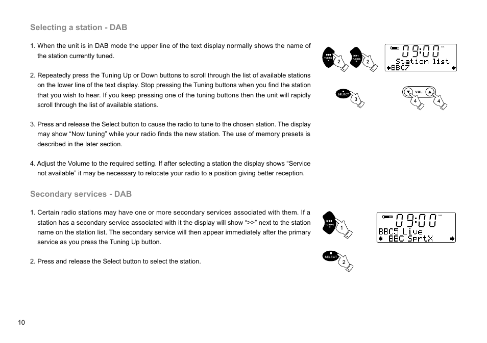 Selecting a station - dab, Secondary services - dab | Sangean DDR-47BT (R1) User Manual | Page 11 / 54