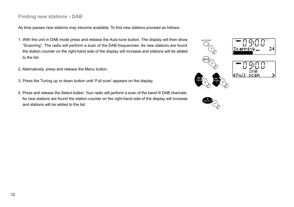 Finding new stations - dab | Sangean DDR-47BT (R1) User Manual | Page 13 / 54