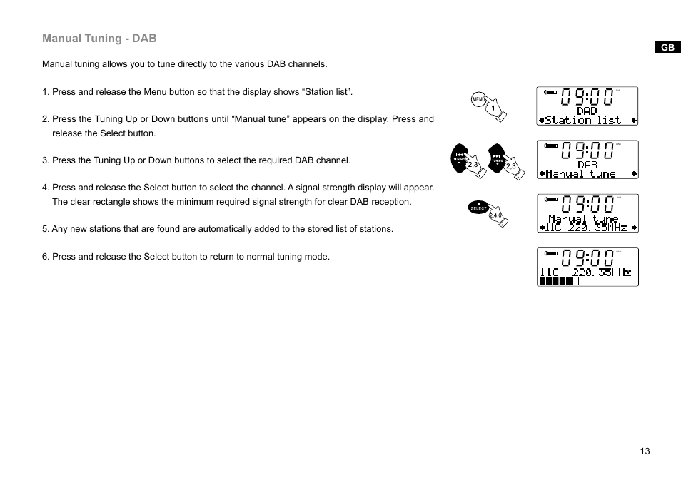 Manual tuning - dab | Sangean DDR-47BT (R1) User Manual | Page 14 / 54