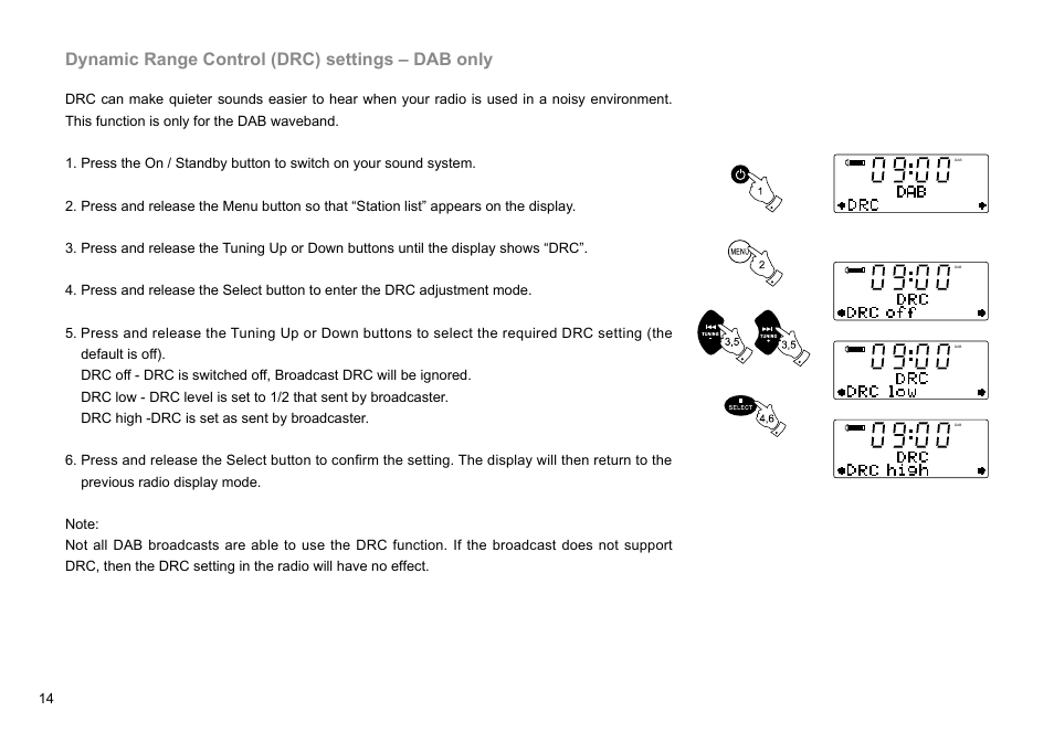 Dynamic range control (drc) settings – dab only | Sangean DDR-47BT (R1) User Manual | Page 15 / 54