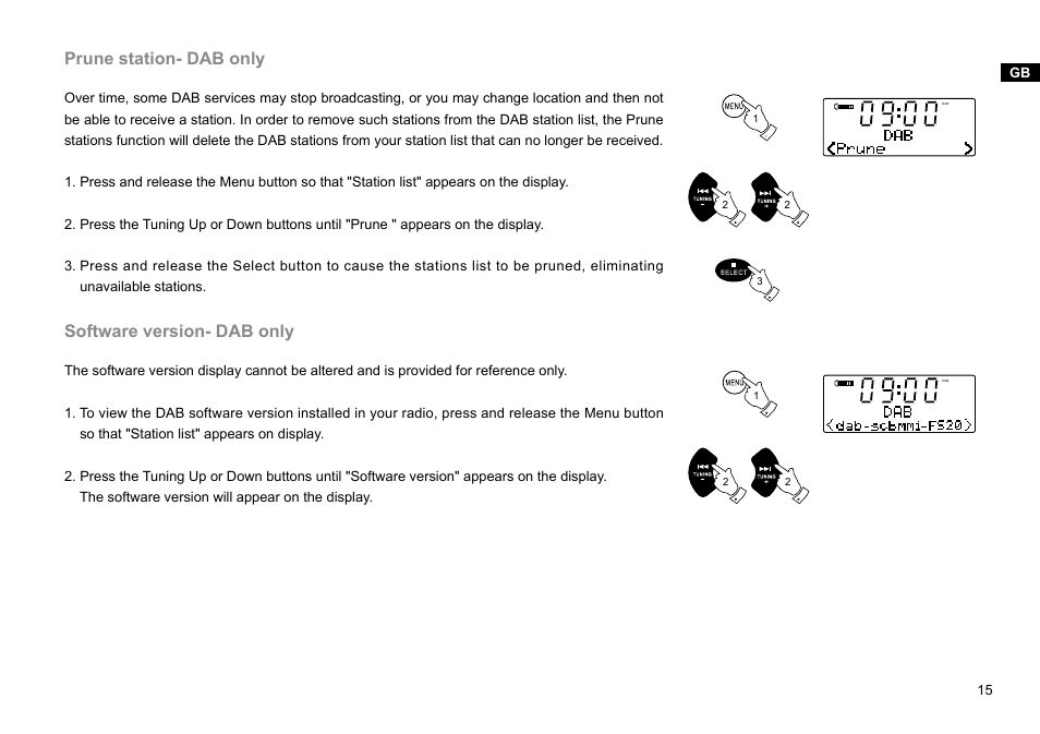 Prune station- dab only, Software version- dab only | Sangean DDR-47BT (R1) User Manual | Page 16 / 54