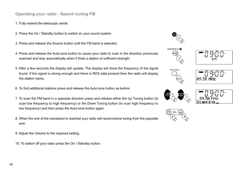 Operating your radio - search tuning fm | Sangean DDR-47BT (R1) User Manual | Page 17 / 54