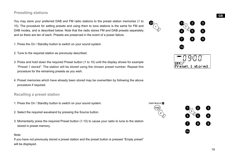 Presetting stations, Recalling a preset station | Sangean DDR-47BT (R1) User Manual | Page 20 / 54