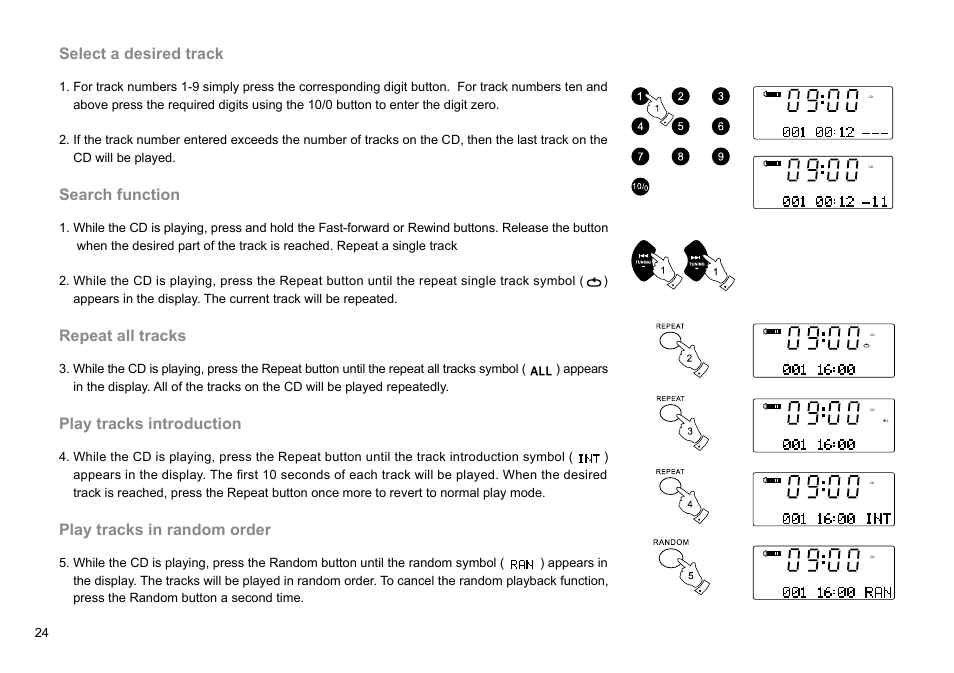 Select a desired track, Search function, Repeat all tracks | Play tracks introduction, Play tracks in random order | Sangean DDR-47BT (R1) User Manual | Page 25 / 54