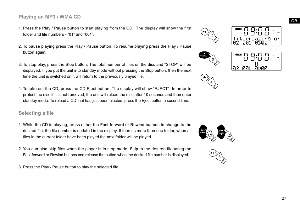 Playing an mp3 / wma cd, Selecting a file | Sangean DDR-47BT (R1) User Manual | Page 28 / 54