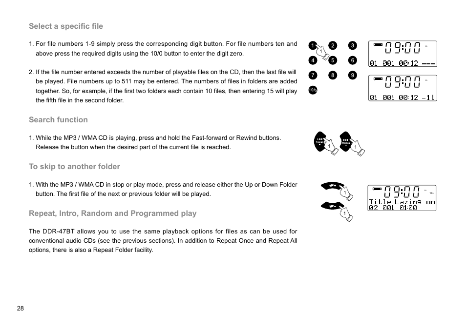 Select a specific file, Search function, Repeat, intro, random and programmed play | Sangean DDR-47BT (R1) User Manual | Page 29 / 54