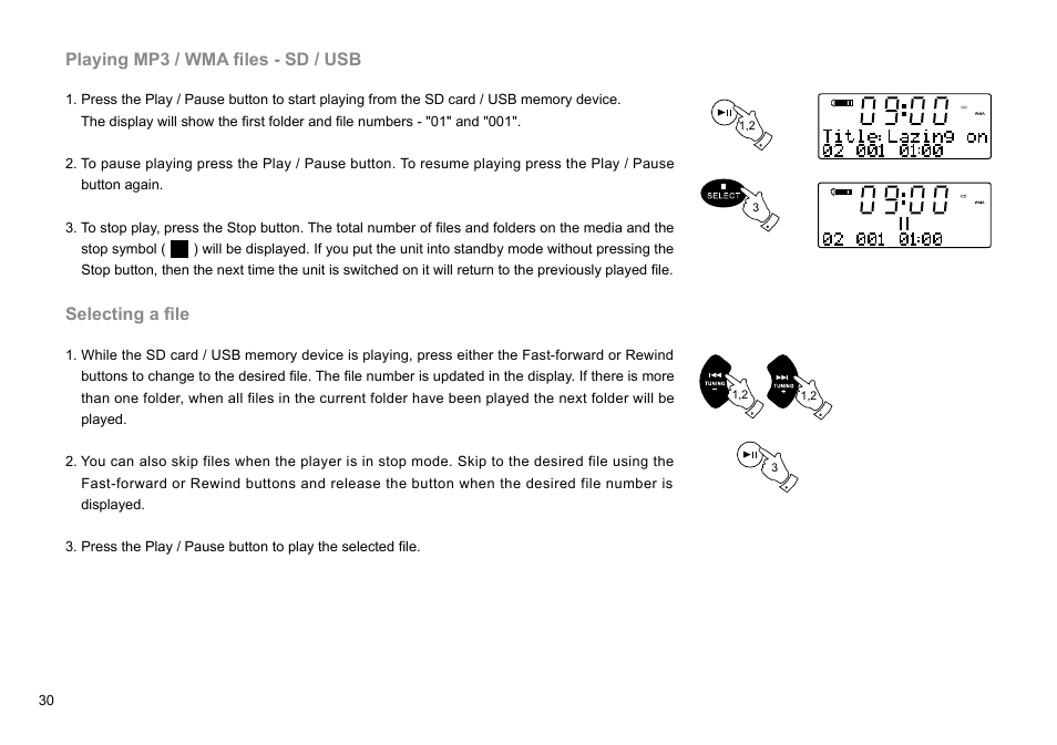 Playing mp3 / wma files - sd / usb, Selecting a file | Sangean DDR-47BT (R1) User Manual | Page 31 / 54
