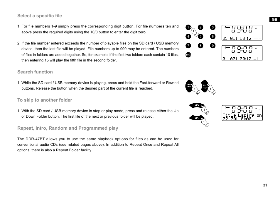 Select a specific file, Search function, Repeat, intro, random and programmed play | Sangean DDR-47BT (R1) User Manual | Page 32 / 54
