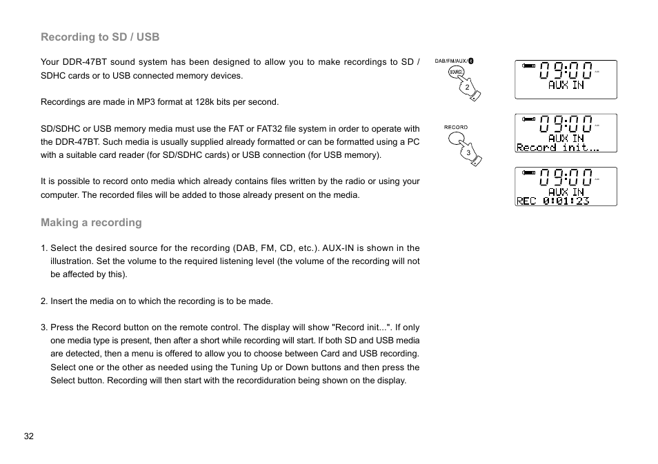 Recording to sd / usb, Making a recording | Sangean DDR-47BT (R1) User Manual | Page 33 / 54
