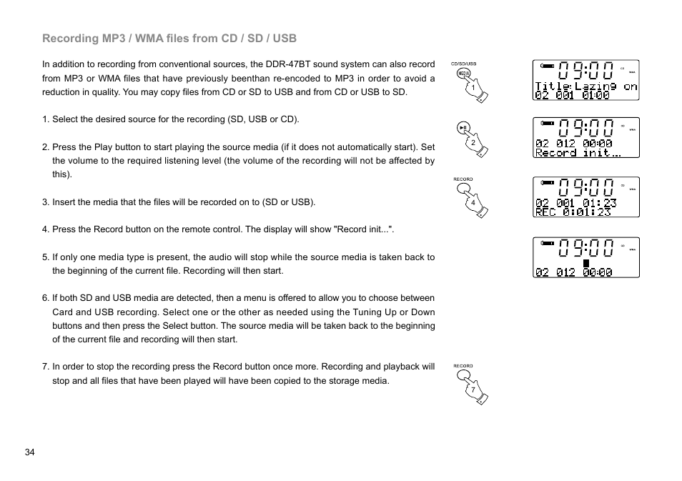 Recording mp3 / wma files from cd / sd / usb | Sangean DDR-47BT (R1) User Manual | Page 35 / 54